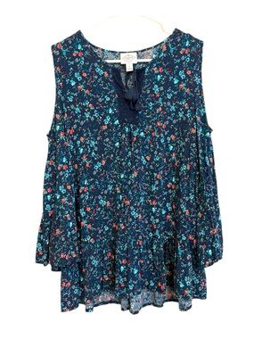 2/$30 St. John’s Bay Navy Floral Cold Shoulder Blouse Size Small Boho Tassel Top